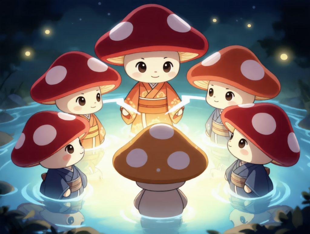 Ongito mushroom characters gathered around a glowing pool at night