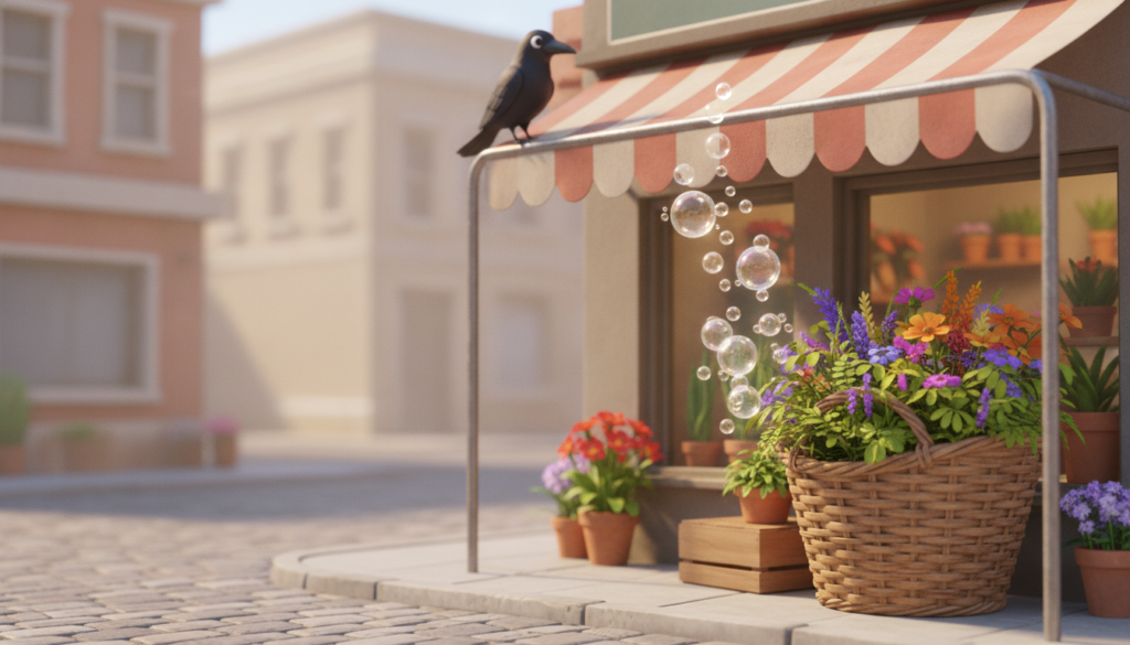 How Does an AI Agent Manage Online Reviews and Reputation for a Small Business? A crow perched above a small flower shop watches glowing star-shaped bubbles float up from a basket of flowers, representing online reviews being monitored.