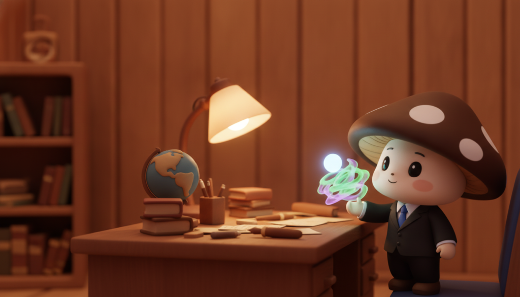 AI Agent vs Chatbot: What Is the Real Difference? A suited mushroom character in a study compares a simple glowing orb with a more complex, freely moving holographic shape held above the desk.