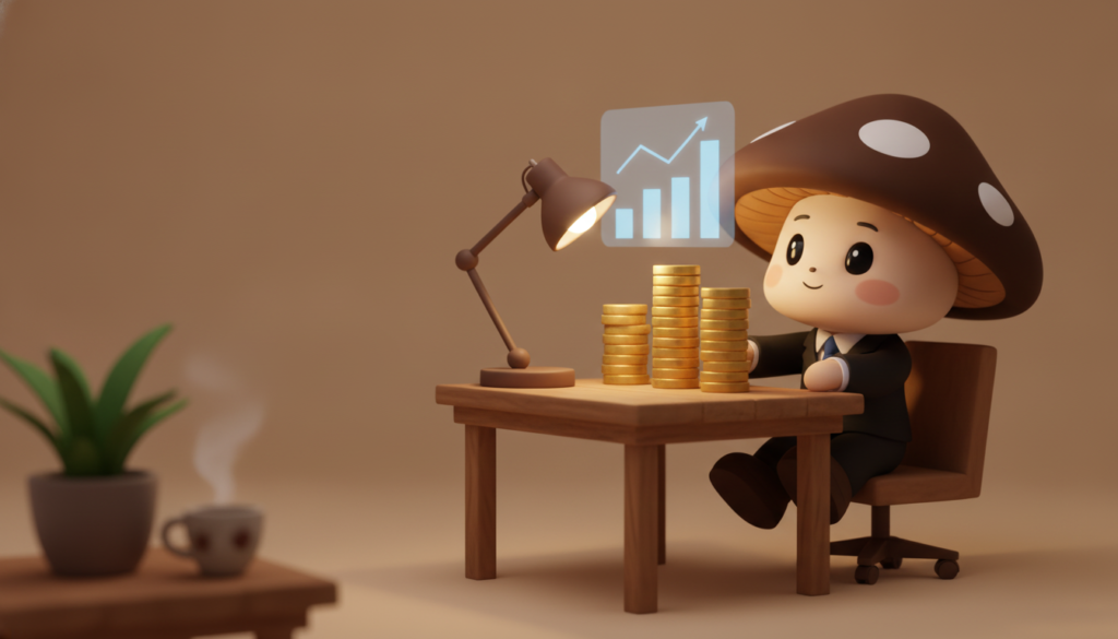 AI Voice Agent Cost: Build Price, Monthly Fees, and Per-Minute Rates A mushroom character in a suit sits at a wooden desk, stacking coin-like tokens into three glowing holographic bar chart columns to compare costs, with a cup of tea nearby.