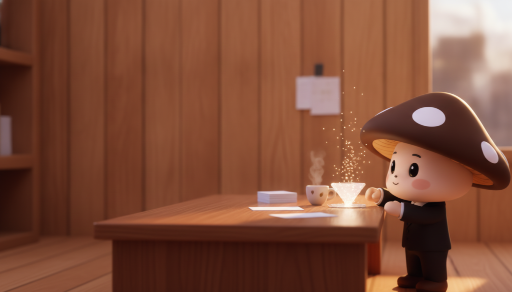 How to Build a Lead-Generation AI Agent: A Step-by-Step Guide A mushroom character in a suit stands at a workbench in a cozy office, assembling a glowing holographic funnel shape from floating light particles, representing the step-by-step building of a lead-generation AI agent.