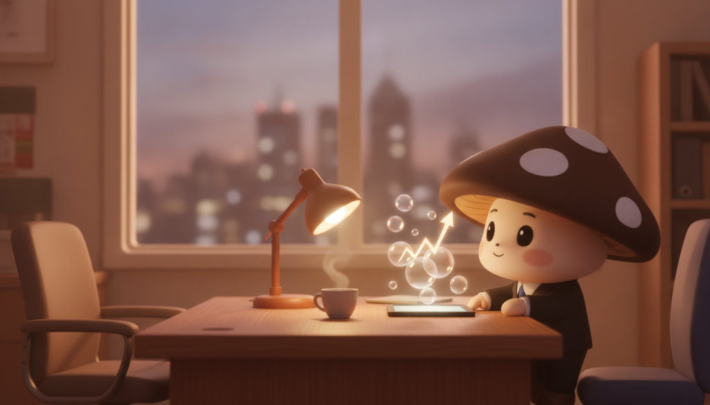 Do AI Chatbots Actually Increase Leads? What the Evidence Shows A mushroom character in a suit studies glowing holographic bubbles and an upward arrow above a tablet on an office desk at dusk.