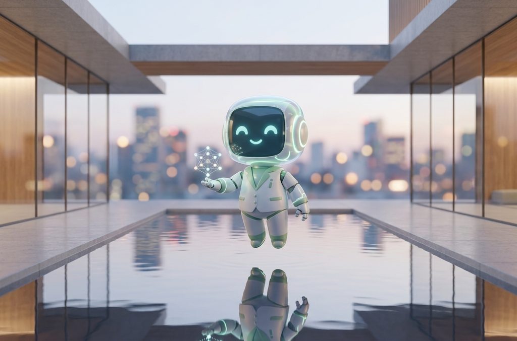 Ongito friendly AI robot hovering above a reflecting pool with the city skyline behind it