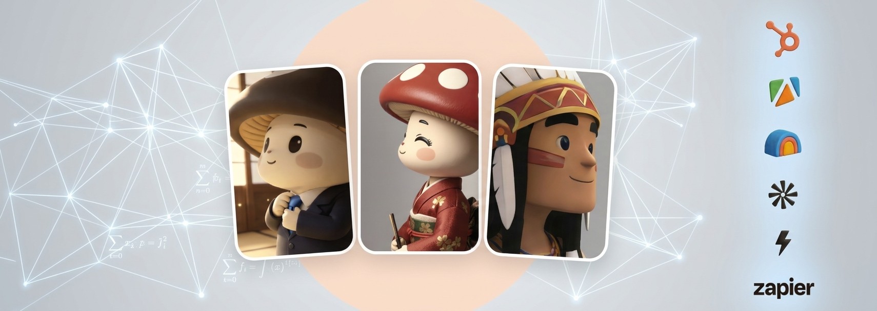 Ongito AI agent characters next to the tools they connect to, including HubSpot and Zapier