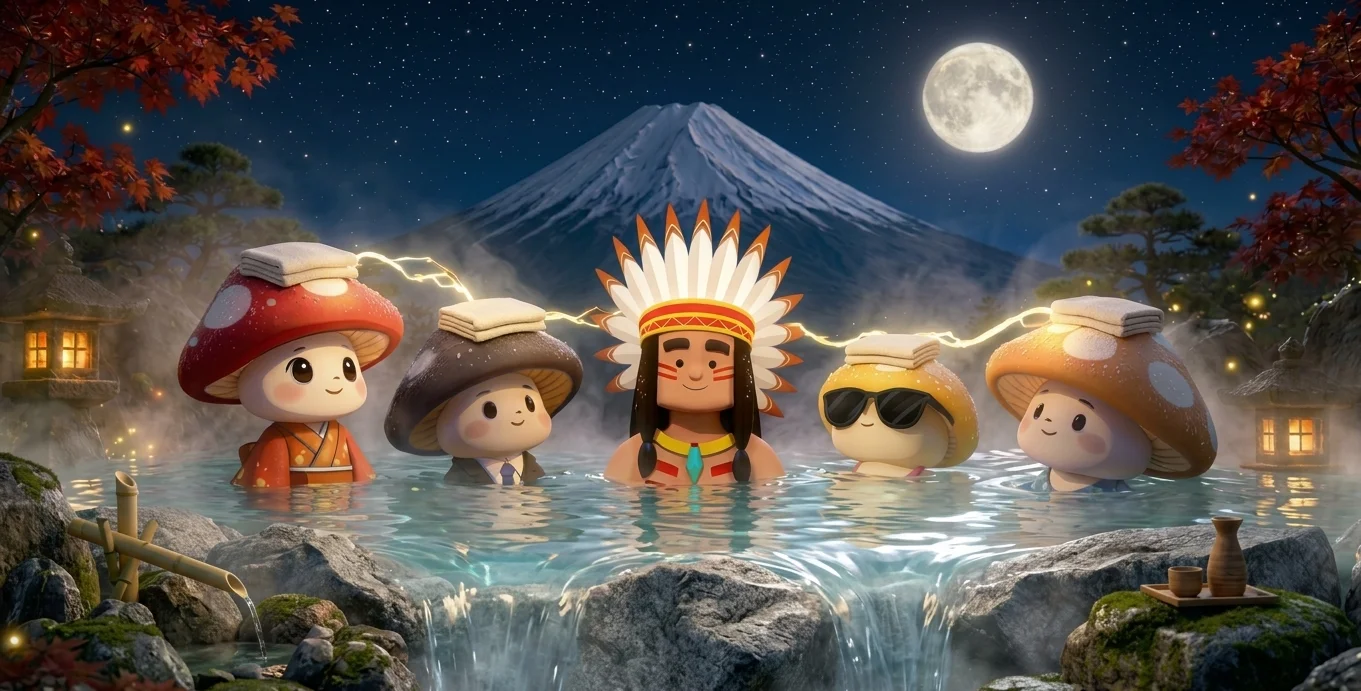 Home Ongito's AI agents meeting in an onsen in front of Mount Fuji